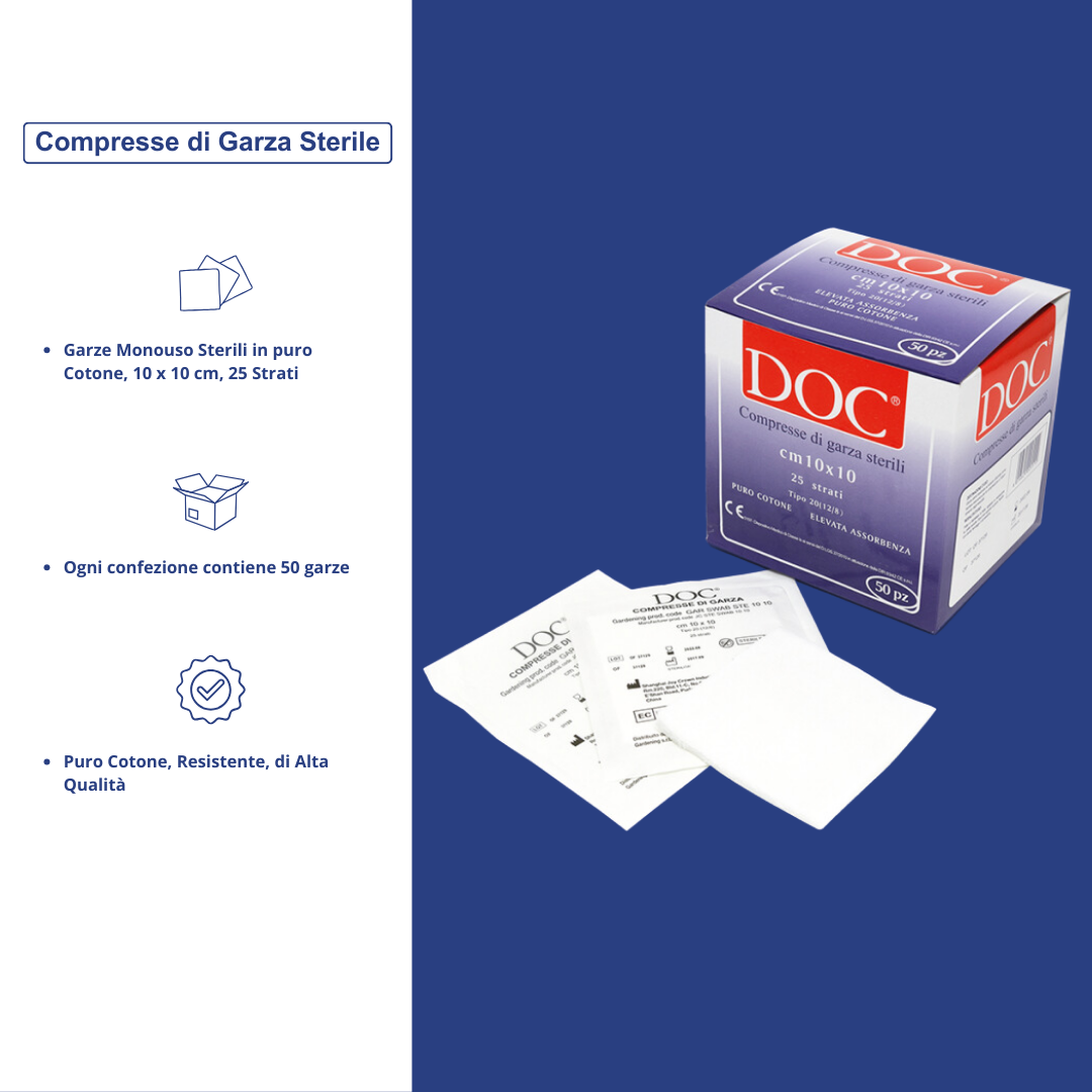 Compresse di Garza Sterile Monouso in puro Cotone, 10 x 10 cm, 25 Strati, 50 pezzi - Marchio Doc Gardening S.r.l.