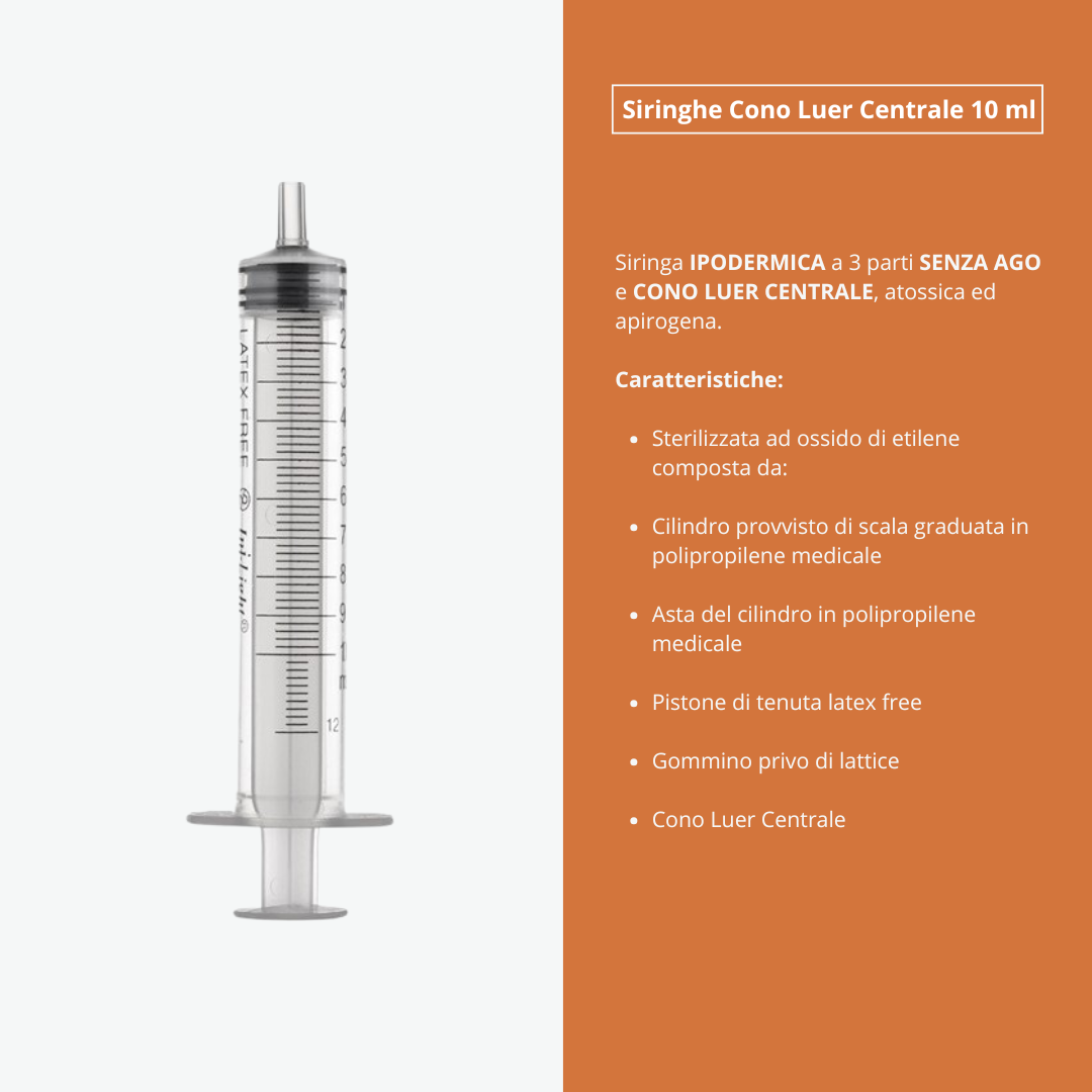 Siringhe Ipodermiche INJ/LIGHT Senza Ago, Cono Luer Centrale, Sterile, Monouso, Latex-Free, Volume 10 ml - Conf. 100 pz