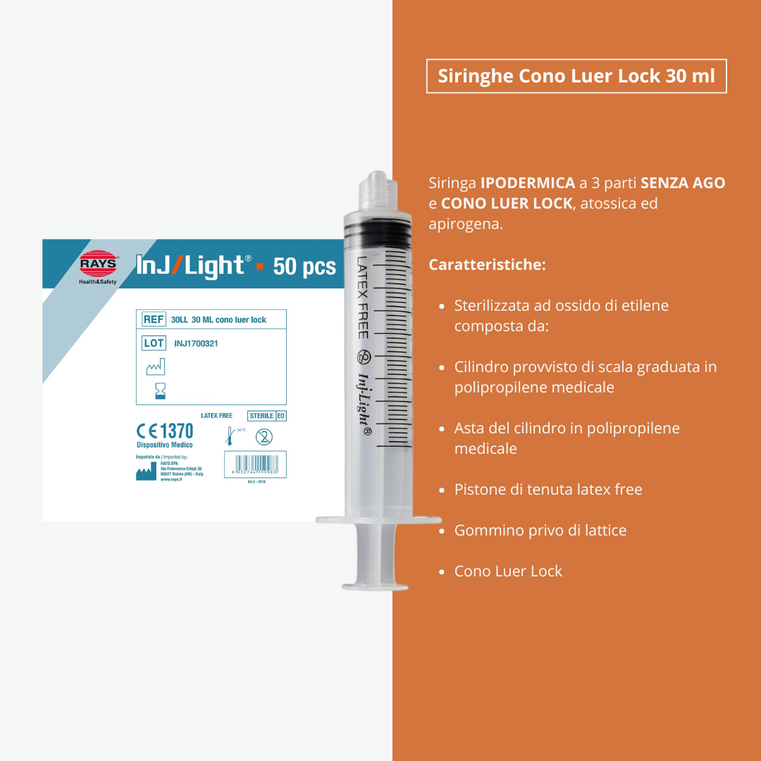 Siringhe Ipodermiche INJ/LIGHT Senza Ago, Cono Luer Lock, Sterile, Monouso, Latex-Free, Volume 30 ml - Conf. 50 pz