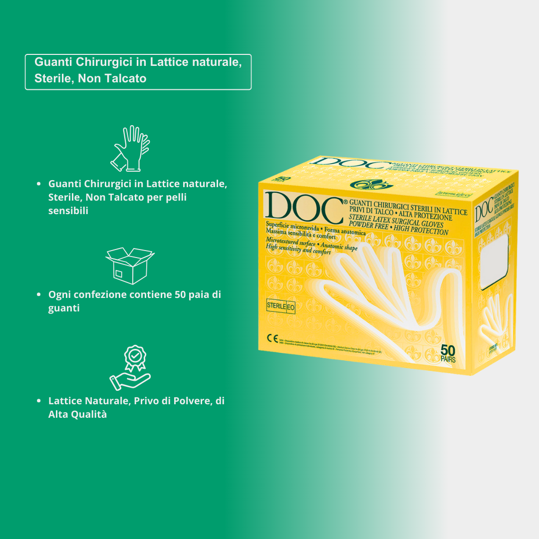 Guanti Chirurgici in Lattice naturale, Sterile, Non Talcato per pelli sensibili, 50 paia - Marchio DOC Gardening S.r.l.