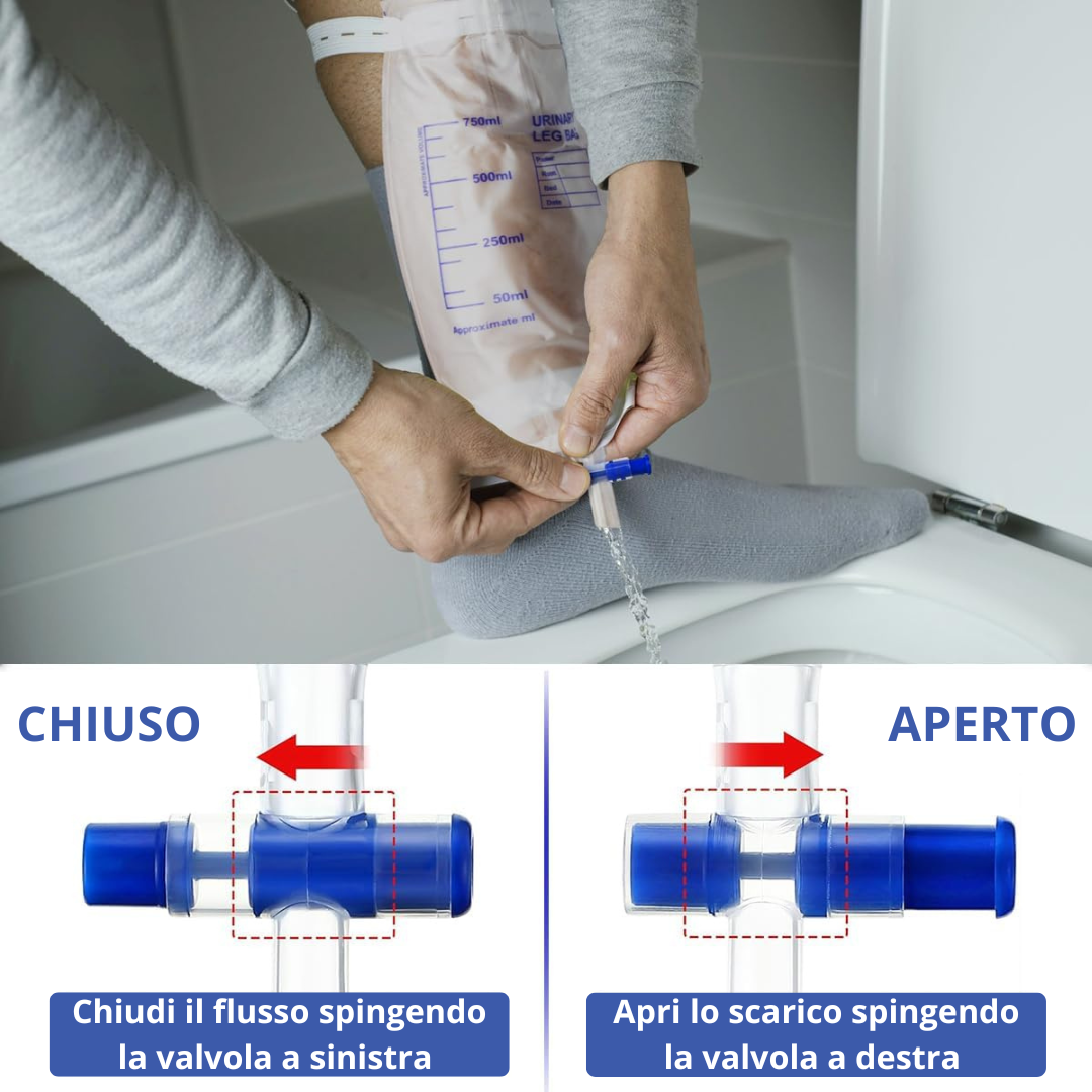 Sacca Urina da Gamba con Valvola Antireflusso e Rubinetto di Scarico a T con Tubo 10 cm e Lacci, Capienza 750 ml Gardening S.r.l.