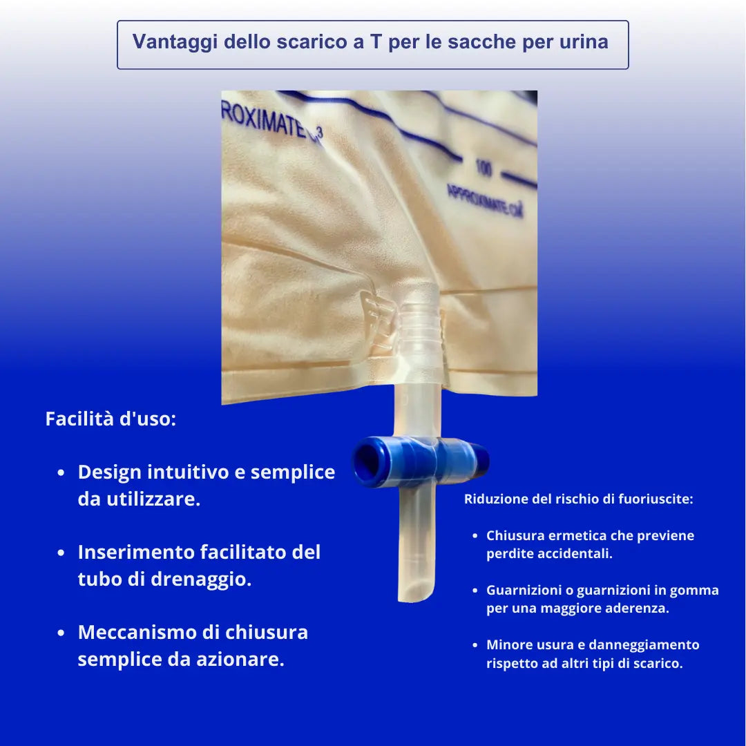 Sacche Urina con Valvola Antireflusso e Scarico a T con Tubo 90 cm, Capienza 2000 ml - Marchio DOC Gardening S.r.l.