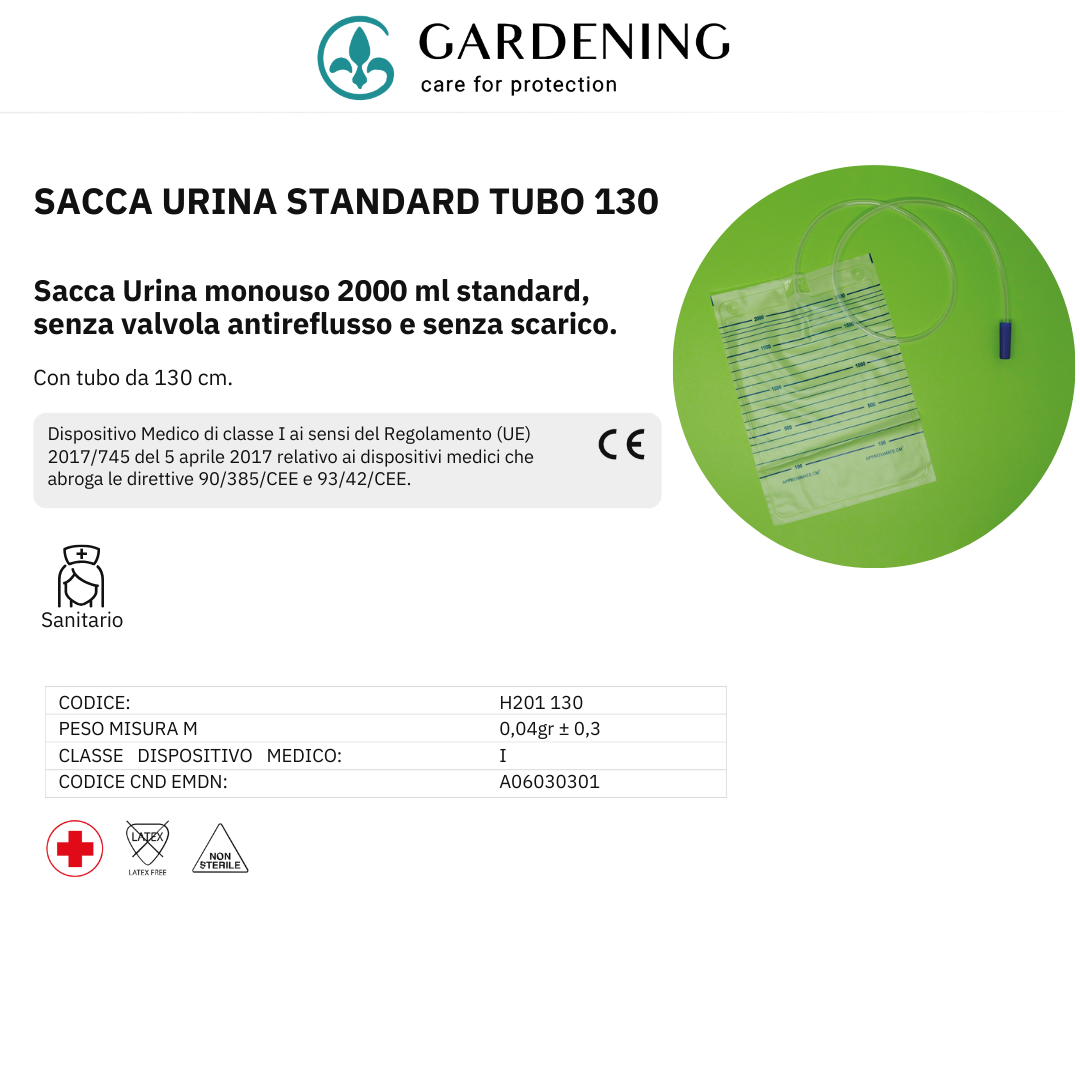 Sacche per Urina Standard 130 cm, Senza Valvola Antireflusso e Senza Scarico, Capienza 2000 ml - Marchio DOC Gardening S.r.l.