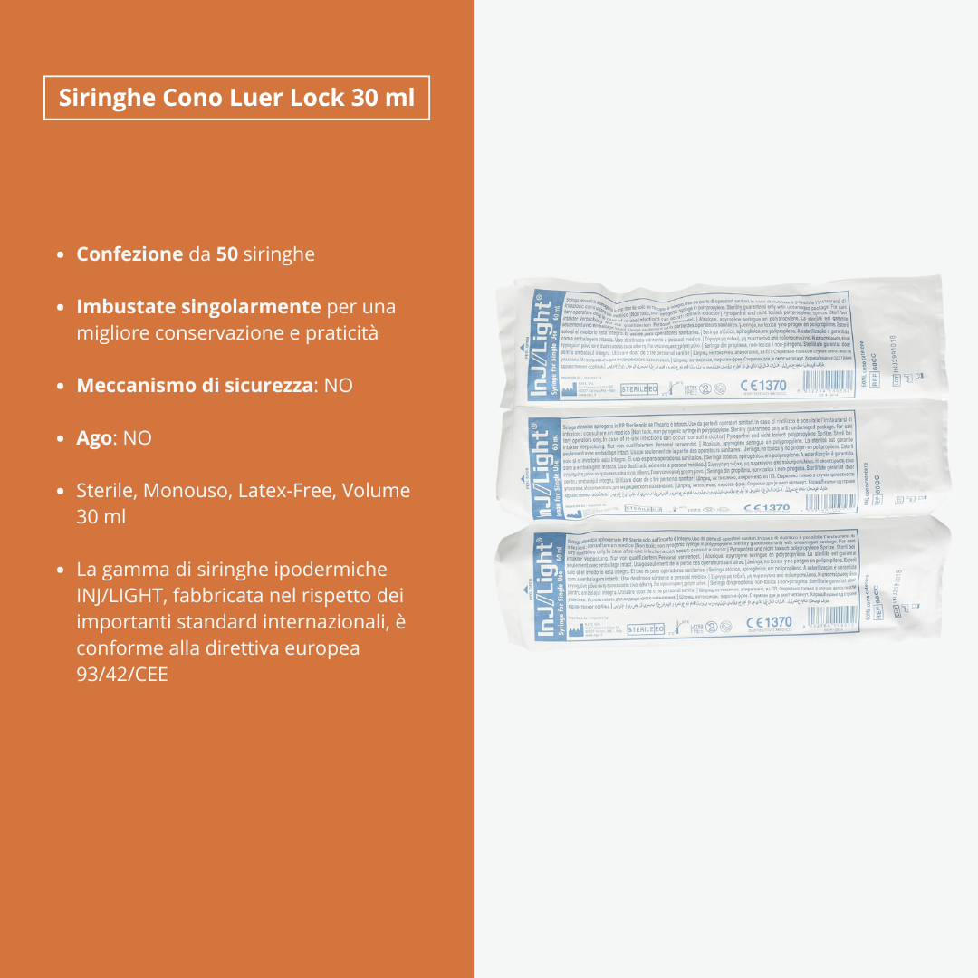 Siringhe Ipodermiche INJ/LIGHT Senza Ago, Cono Luer Lock, Sterile, Monouso, Latex-Free, Volume 30 ml - Conf. 50 pz