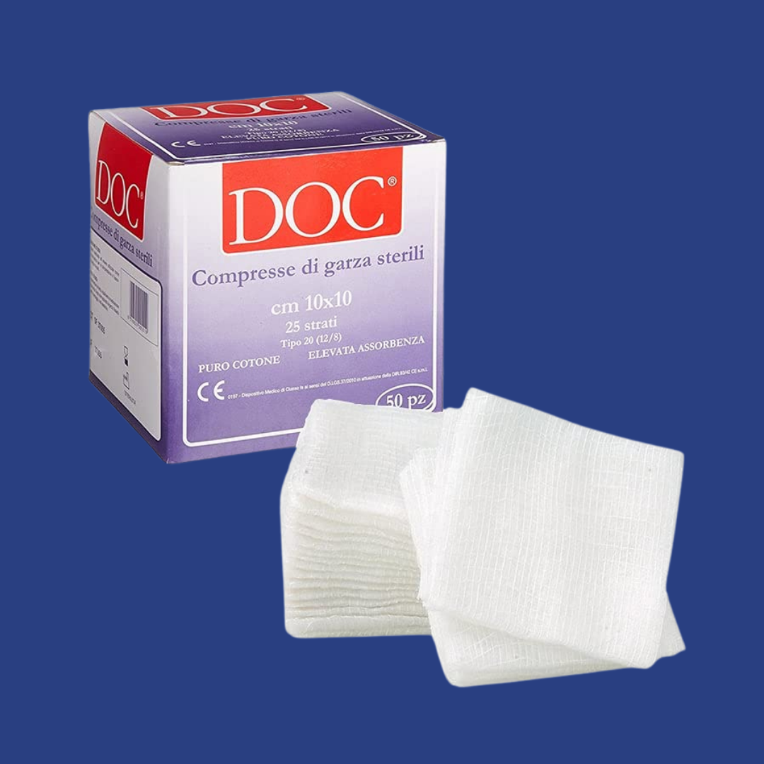 Compresse di Garza Sterile Monouso in puro Cotone, 10 x 10 cm, 25 Strati, 50 pezzi - Marchio Doc Gardening S.r.l.