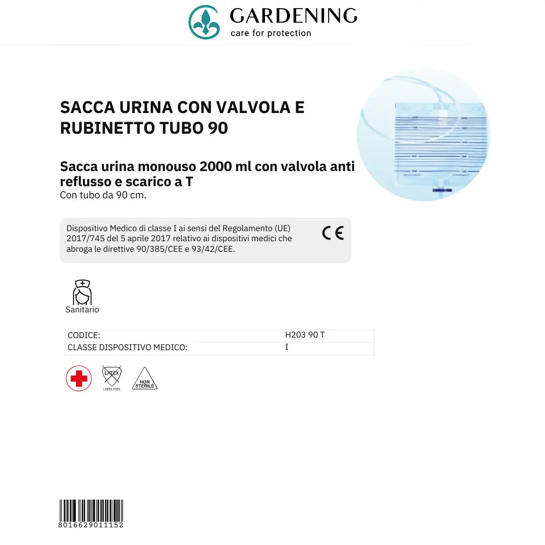 Sacche Urina con Valvola Antireflusso e Scarico a T con Tubo 90 cm, Capienza 2000 ml - Marchio DOC Gardening S.r.l.