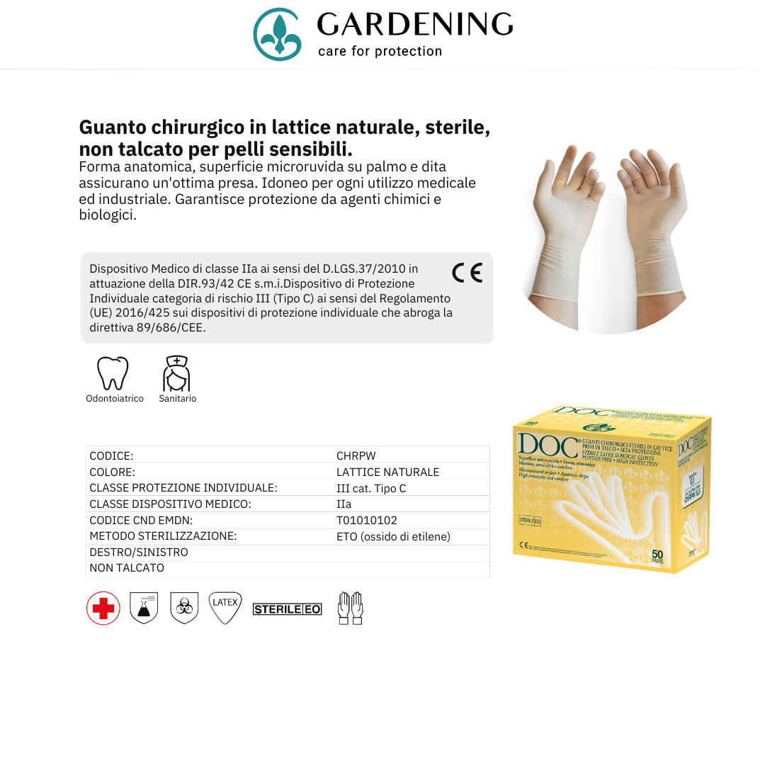 Guanti Chirurgici in Lattice naturale, Sterile, Non Talcato per pelli sensibili, 50 paia - Marchio DOC Gardening S.r.l.