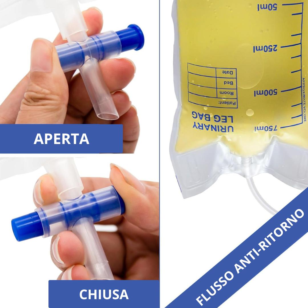Sacca Urina da Gamba con Valvola Antireflusso e Rubinetto di Scarico a T con Tubo 10 cm e Lacci, Capienza 750 ml Gardening S.r.l.