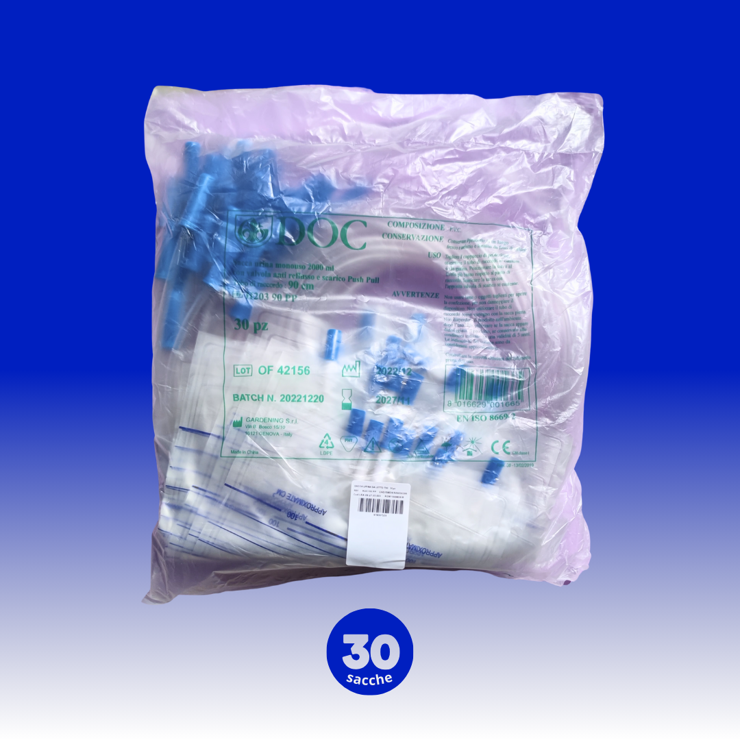 Sacche per Urina Standard 130 cm, Senza Valvola Antireflusso e Senza Scarico, Capienza 2000 ml - Marchio DOC Gardening S.r.l.