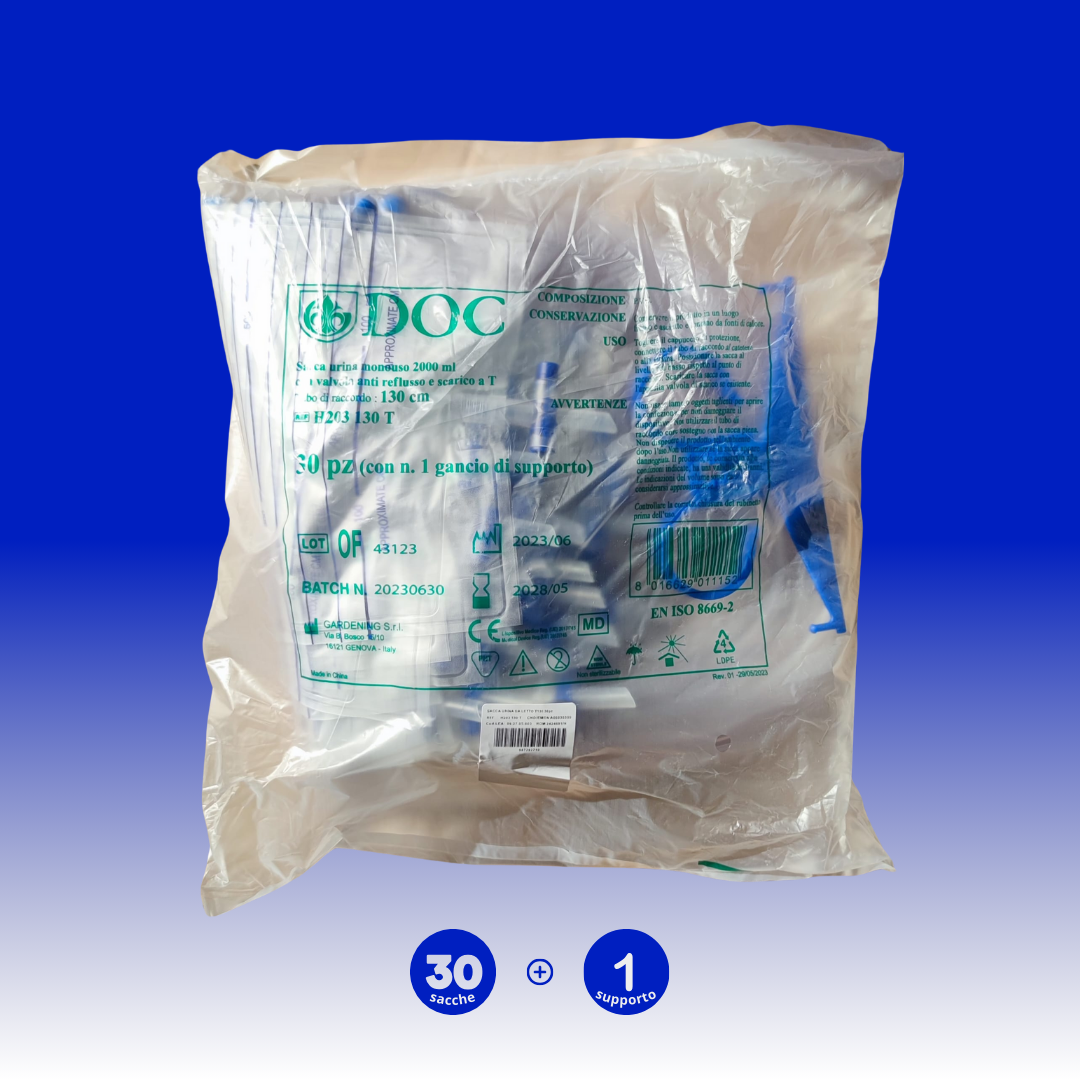 Sacche Urina con Valvola Antireflusso e Scarico a T con Tubo 130 cm, Capienza 2000 ml - Marchio DOC Gardening S.r.l.