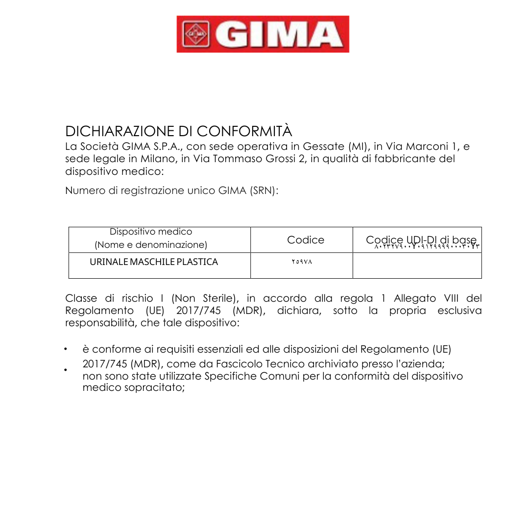 Urinale Maschile in Plastica da 1000 ml – Igiene, Comfort e Sicurezza per ogni esigenza Gima S.p.a