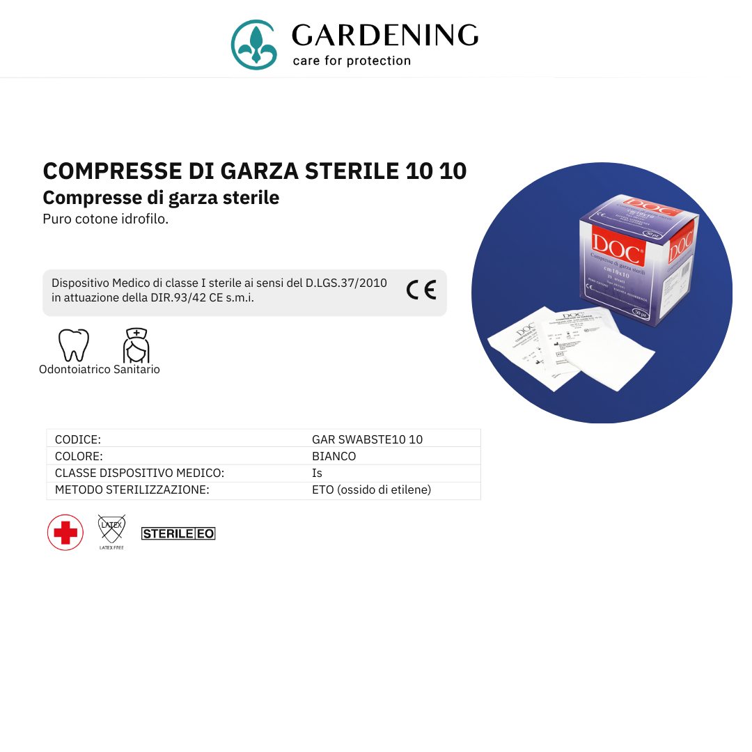 Compresse di Garza Sterile Monouso in puro Cotone, 10 x 10 cm, 25 Strati, 50 pezzi - Marchio Doc Gardening S.r.l.