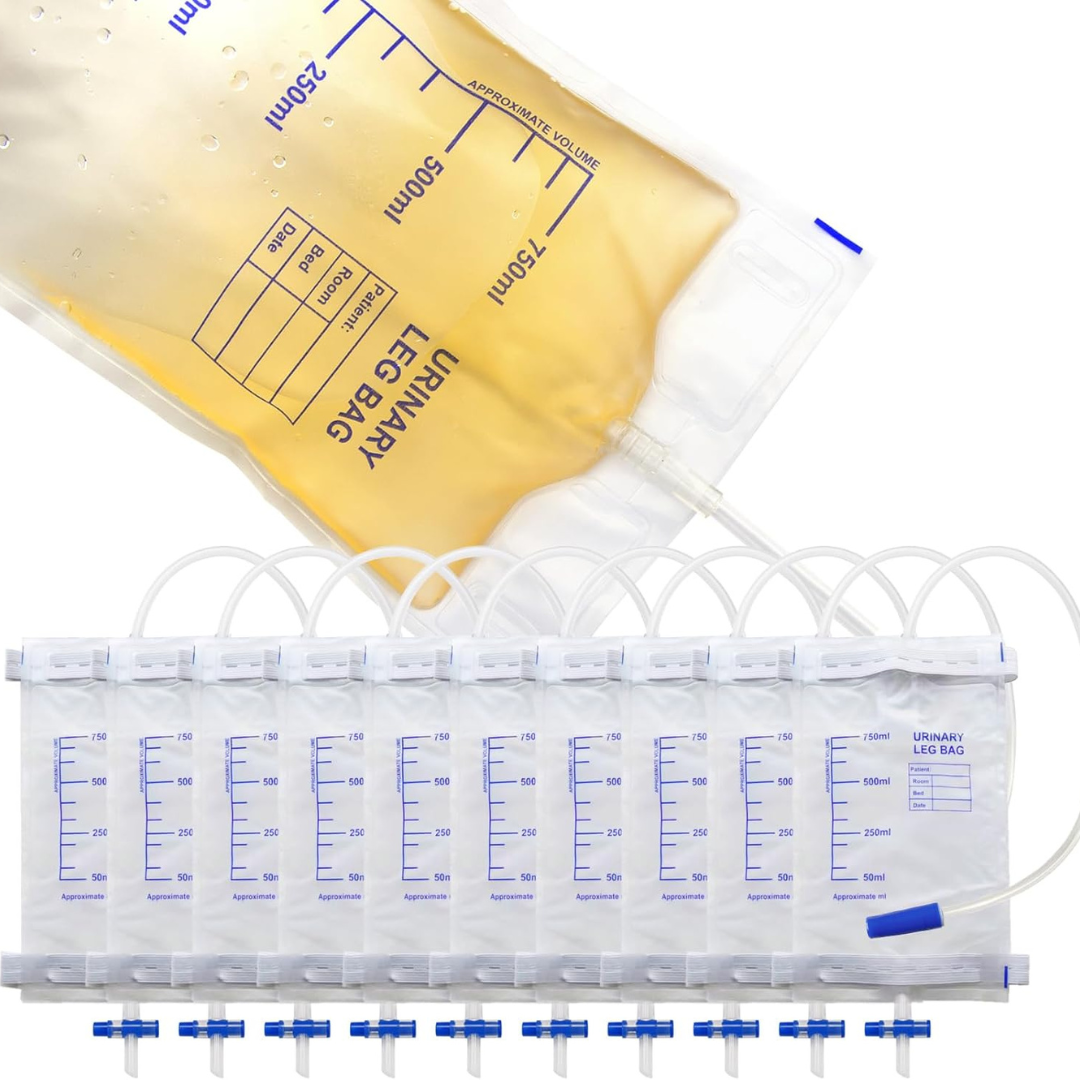 Sacca Urina da Gamba con Valvola Antireflusso e Rubinetto di Scarico a T con Tubo 10 cm e Lacci, Capienza 750 ml
