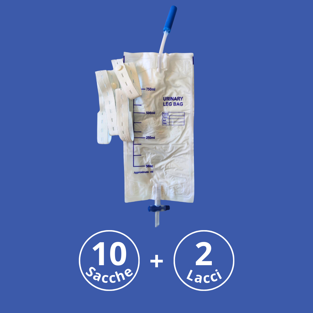 Sacca Urina da Gamba con Valvola Antireflusso e Rubinetto di Scarico a T con Tubo 10 cm e Lacci, Capienza 750 ml