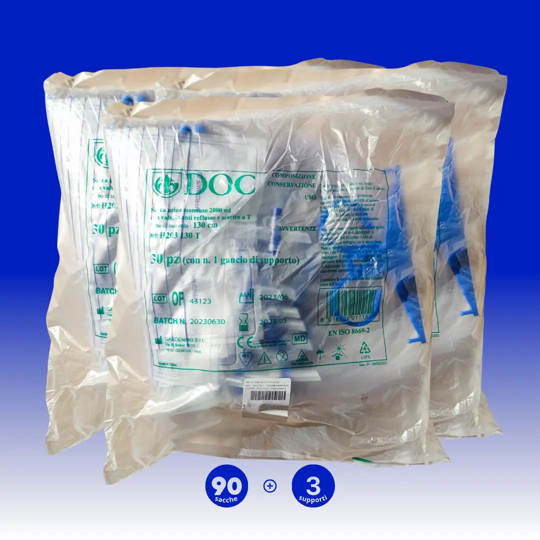 Sacche Urina con Valvola Antireflusso e Scarico a T con Tubo 90 cm, Capienza 2000 ml - Marchio DOC Gardening S.r.l.