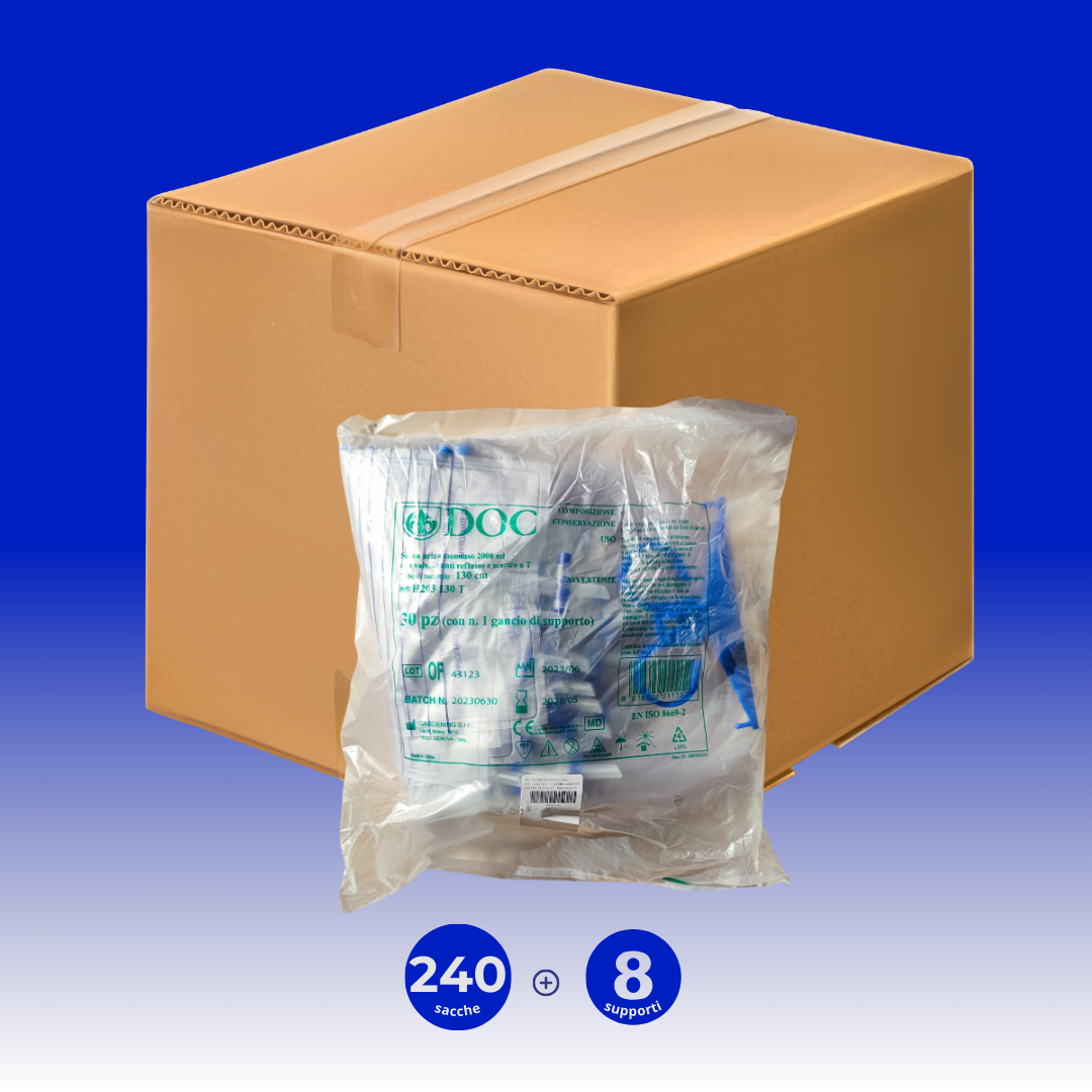 Sacche Urina con Valvola Antireflusso e Scarico a T con Tubo 130 cm, Capienza 2000 ml - Marchio DOC Gardening S.r.l.