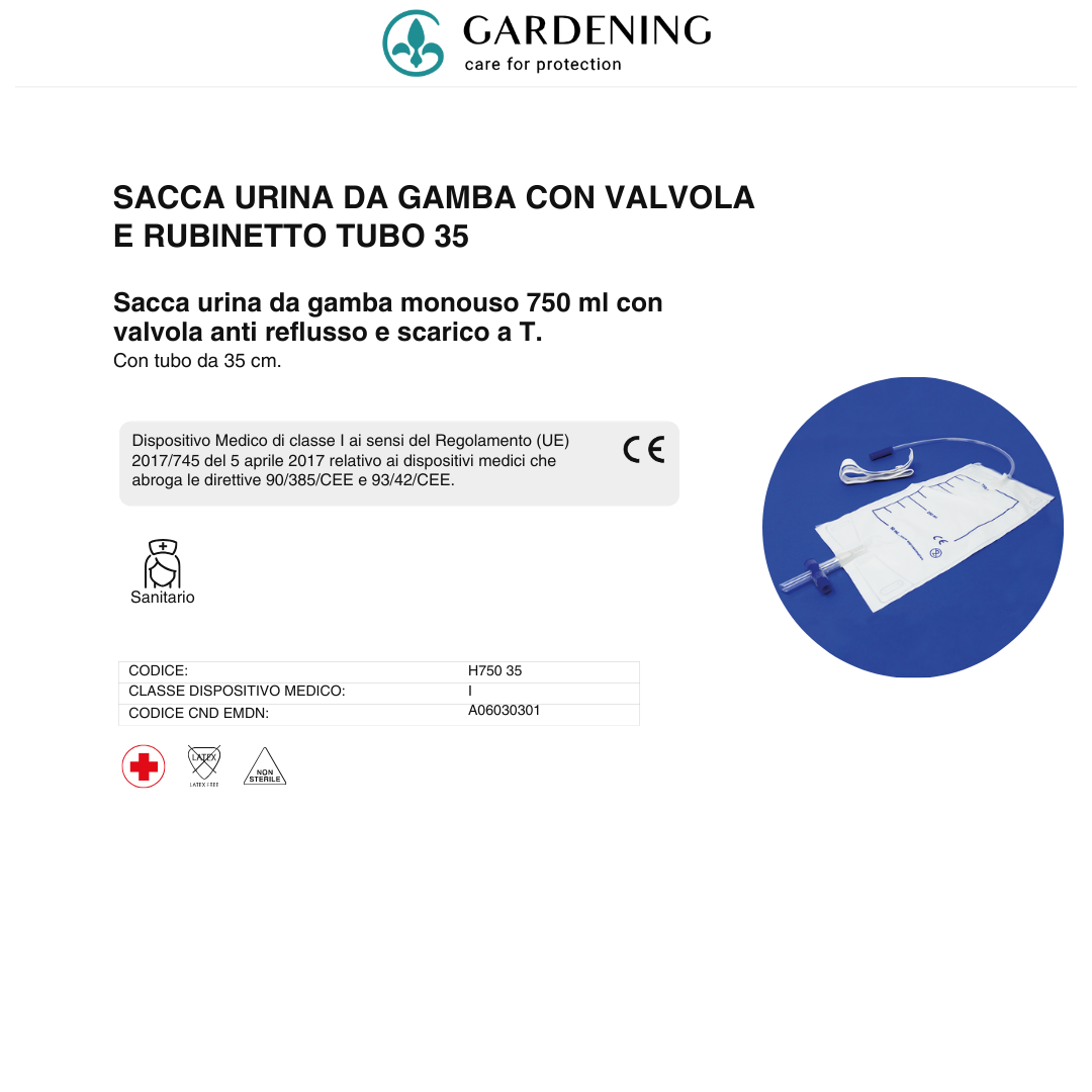 Sacca Urina da Gamba con Valvola Antireflusso e Rubinetto di Scarico a T con Tubo 35 cm e Lacci, Capienza 750 ml Gardening S.r.l.
