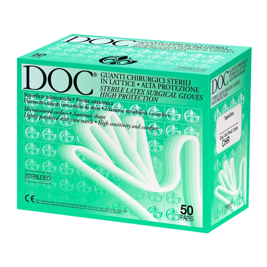 Guanti Chirurgici in Lattice naturale, Sterile, Talcato con amido vegetale, 50 paia - Marchio DOC Gardening S.r.l.