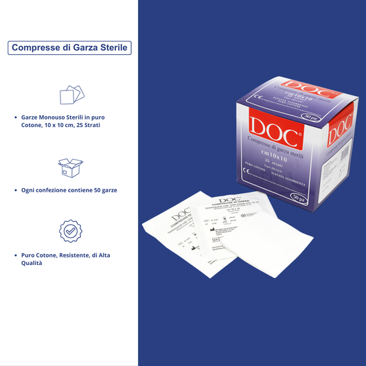 Compresse di Garza Sterile Monouso in puro Cotone, 10 x 10 cm, 25 Strati, 50 pezzi - Marchio Doc Gardening S.r.l.