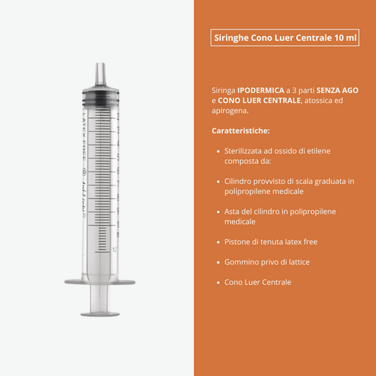 Siringhe Ipodermiche INJ/LIGHT Senza Ago, Cono Luer Centrale, Sterile, Monouso, Latex-Free, Volume 10 ml - Conf. 100 pz
