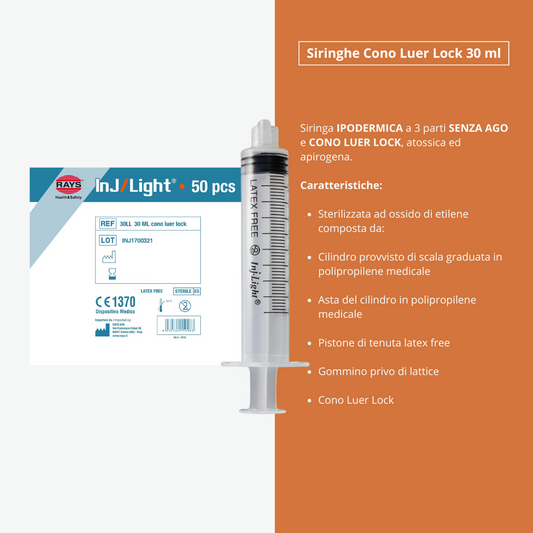 Siringhe Ipodermiche INJ/LIGHT Senza Ago, Cono Luer Lock, Sterile, Monouso, Latex-Free, Volume 30 ml - Conf. 50 pz