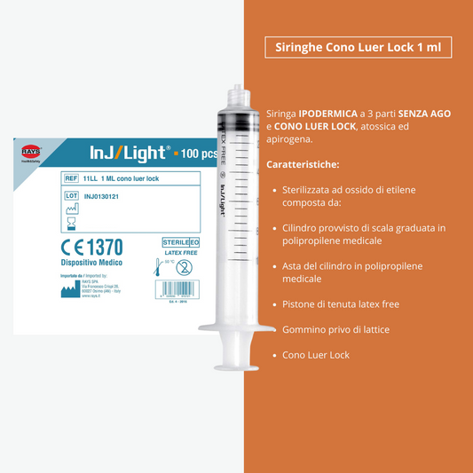 Siringhe Ipodermiche INJ/LIGHT Senza Ago, Cono Luer Lock, Sterile, Monouso, Latex-Free, Volume 1 ml - Conf. 100 pz