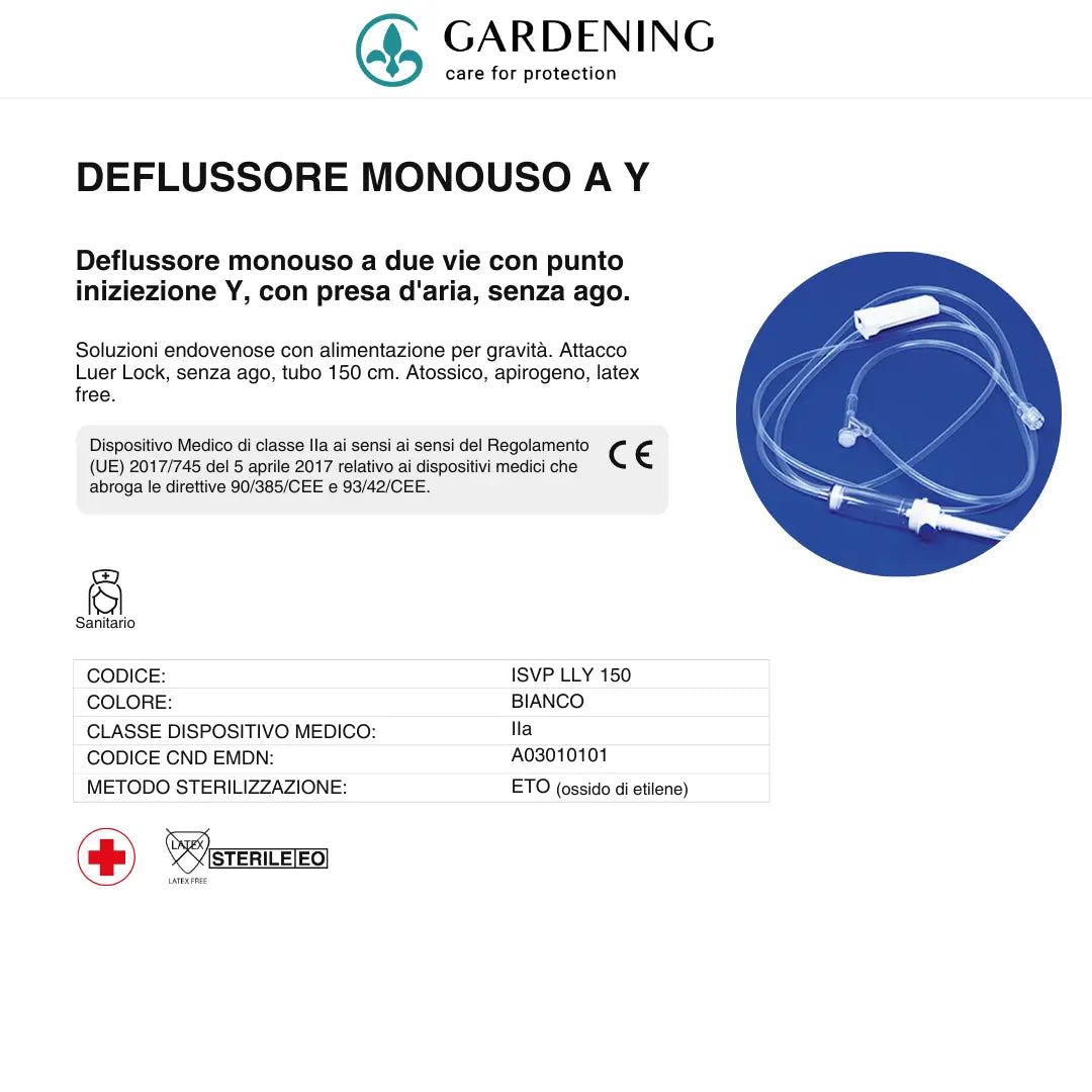 Deflussore Monouso a Y – 2 Vie con Presa d’Aria e Punto Iniezione Senza Ago (25 pz) Gardening S.r.l.