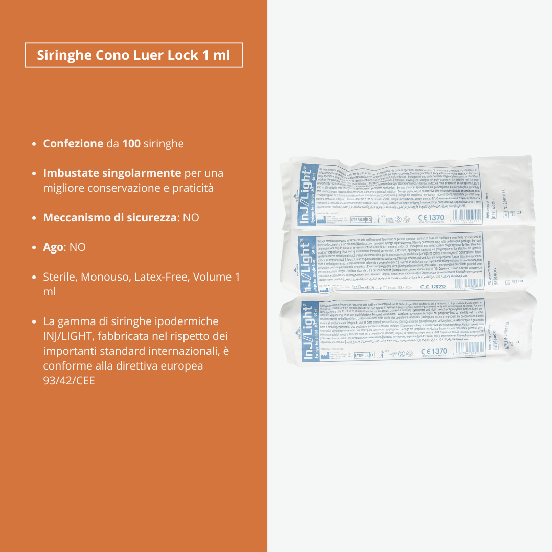 Siringhe Ipodermiche INJ/LIGHT Senza Ago, Cono Luer Lock, Sterile, Monouso, Latex-Free, Volume 1 ml - Conf. 100 pz