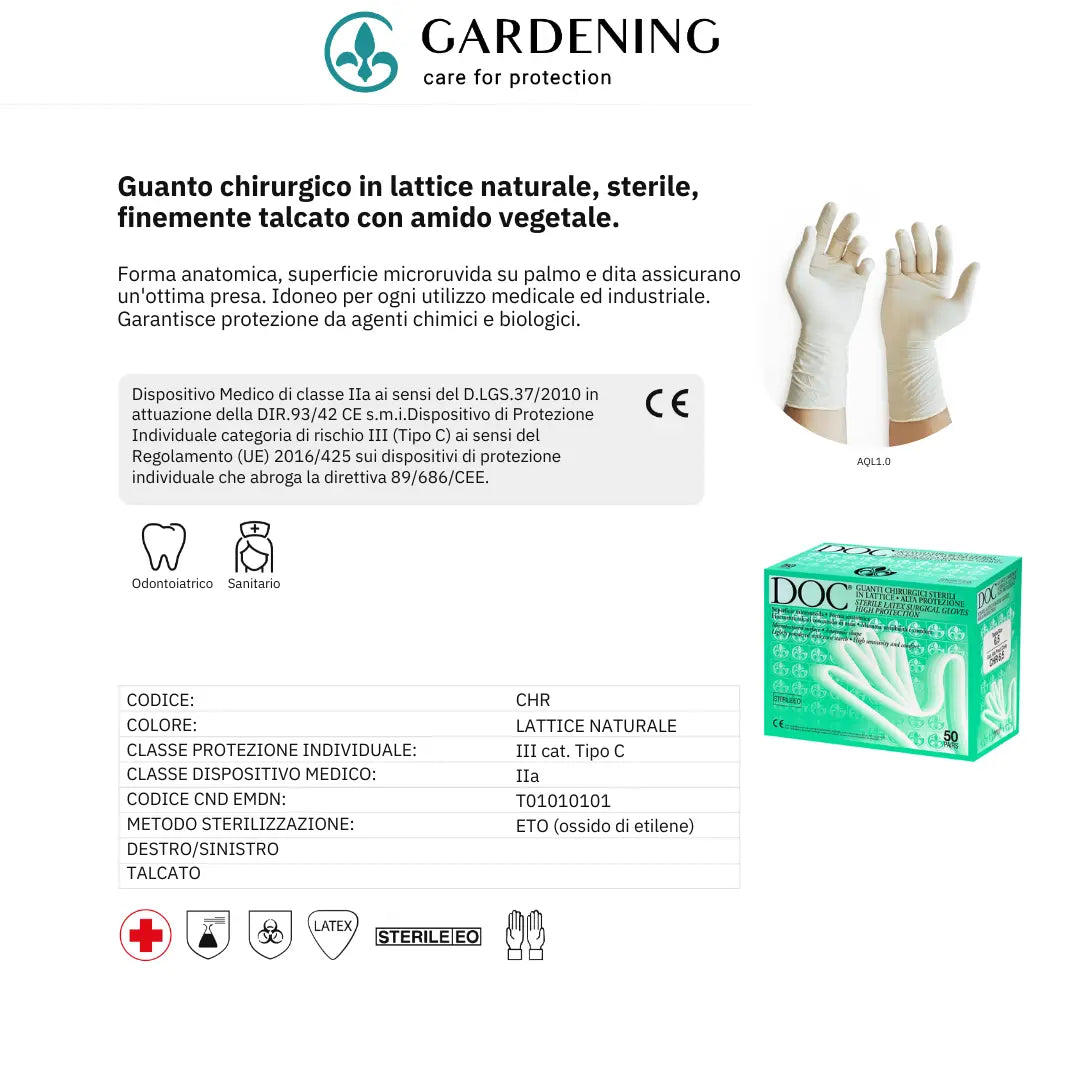 Guanti Chirurgici in Lattice naturale, Sterile, Talcato con amido vegetale, 50 paia - Marchio DOC Gardening S.r.l.